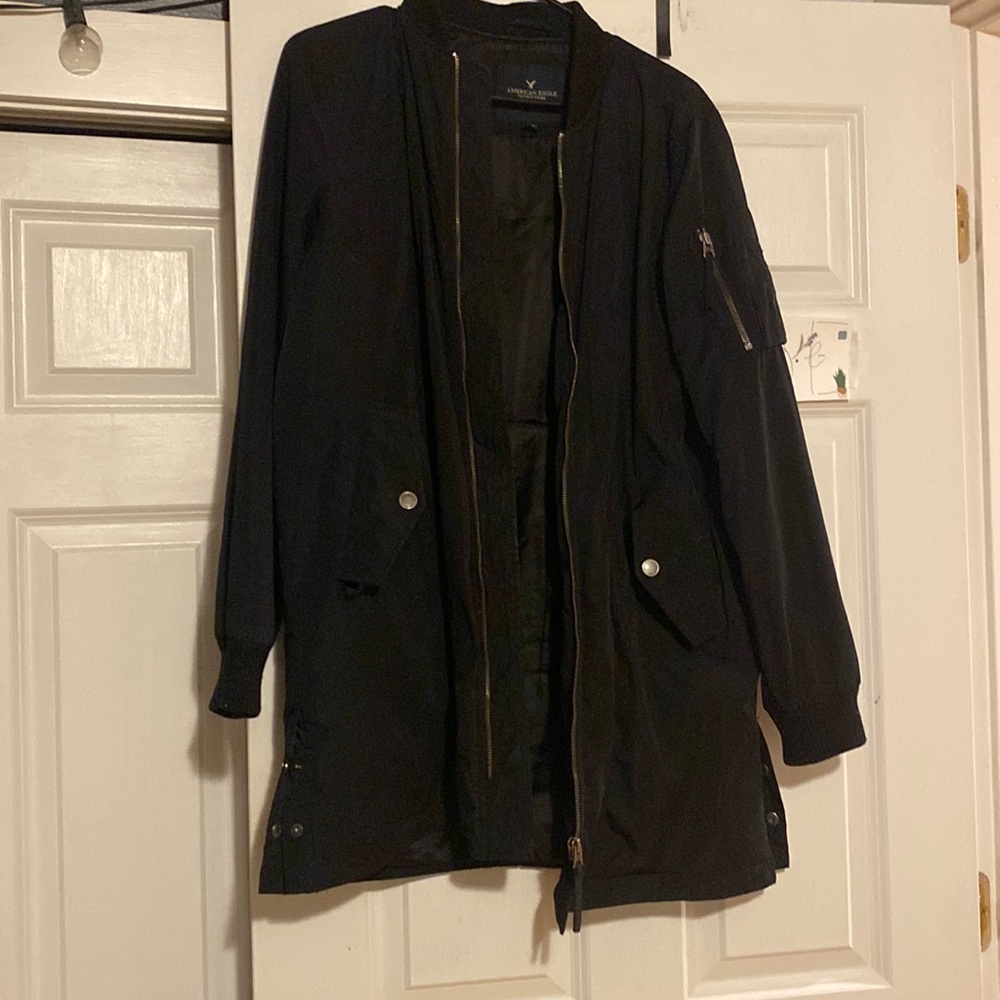 Black Bomber Style Long Jacket